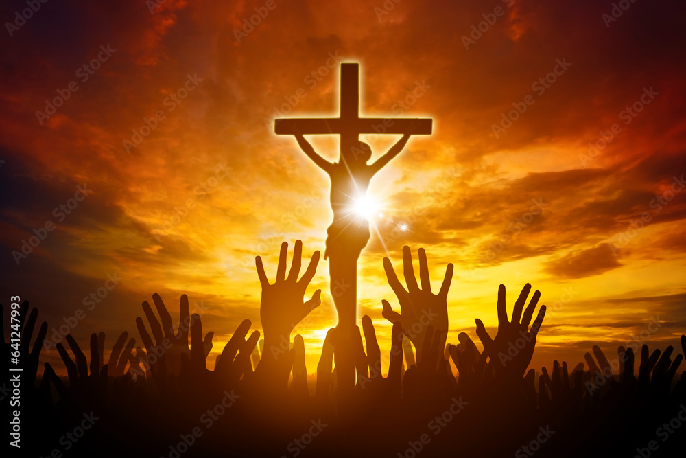 Christians raising their hands in praise and worship to Jesus Christ - obrazy, fototapety, plakaty 