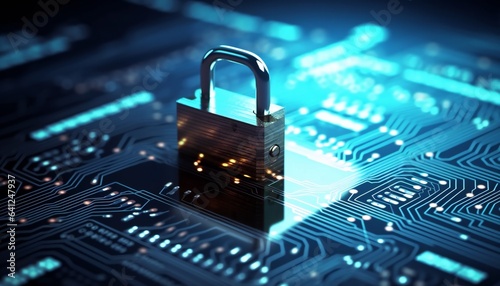 Cybersecurity Concept: Padlock on Top of a Microchip