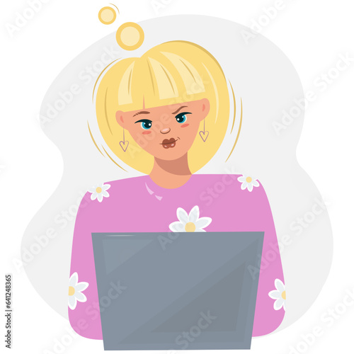 Secretary at the computer. Portrait of woman at work using her laptop. Business woman using a laptop computer to communication character. Isolated vector illustration.
