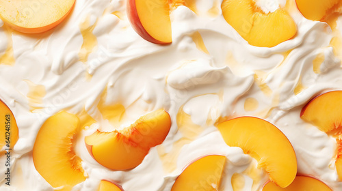 Yogurt and fresh peaches, background. Top view. Generative AI