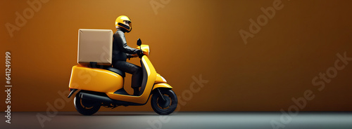 Delivery Motorbike or Scooter Driver with Courier Box on the Back, Yellow Background with Copy Space for Text