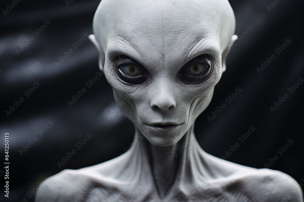 Portrait of upper body of grey alien with bald head grey eyes pointed face inspired by woman shape standing in studio with black background Portrait of upper body of grey alien with bald head grey eyes pointed face inspired by woman shape standing in studio with black background