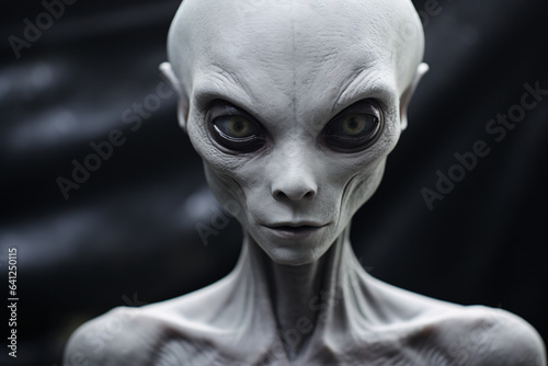 Portrait of upper body of grey alien with bald head grey eyes pointed face inspired by woman shape standing in studio with black background
