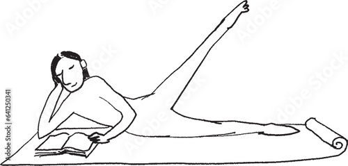 Witzige Vektor Zeichnung: Frau liegt entspannt in Yoga Pose auf einer Matte und liest dabei ein Buch zur gemütlichen Entspannung beim Multitasking