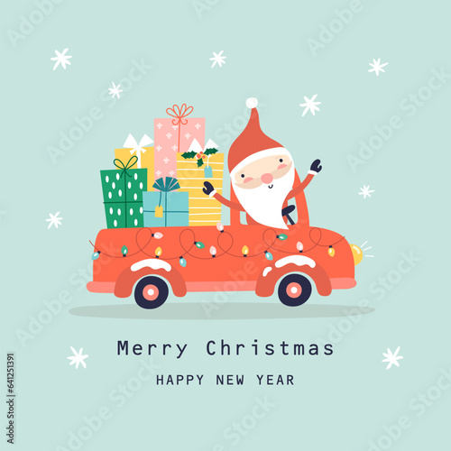 Сhristmas card with santa on the car.  Vector illustrations