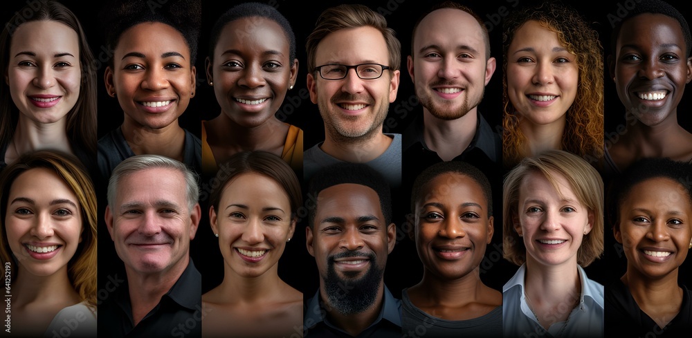 Portraits of smiling people of different peoples and cultures.