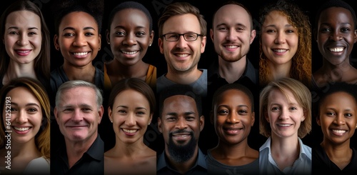 Portraits of smiling people of different peoples and cultures.