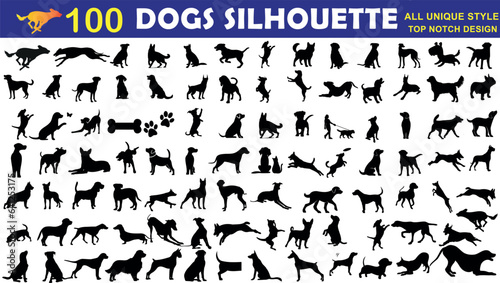 Dog Silhouette Vector Illustration - 100 Unique Breeds in Various Poses. Perfect for pet lovers, animal-themed designs, and more. High-quality, 100% vector design