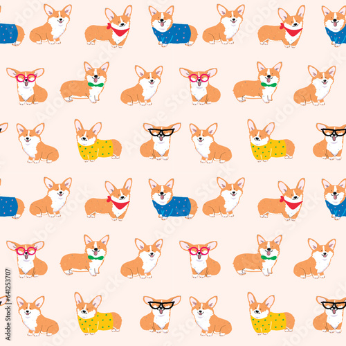 Fototapeta Naklejka Na Ścianę i Meble -  Seamless Pattern with Cute Cartoon Corgi Dog Design on Light Beige Color Background