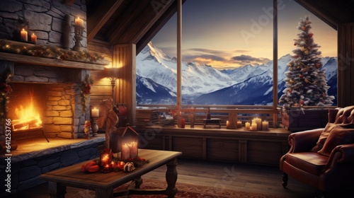 Interior of cozy living room in rustic cottage with Christmas decor. Blazing fireplace, garlands and burning candles, elegant Christmas tree, panoramic windows with winter forest and mountains view. © Georgii