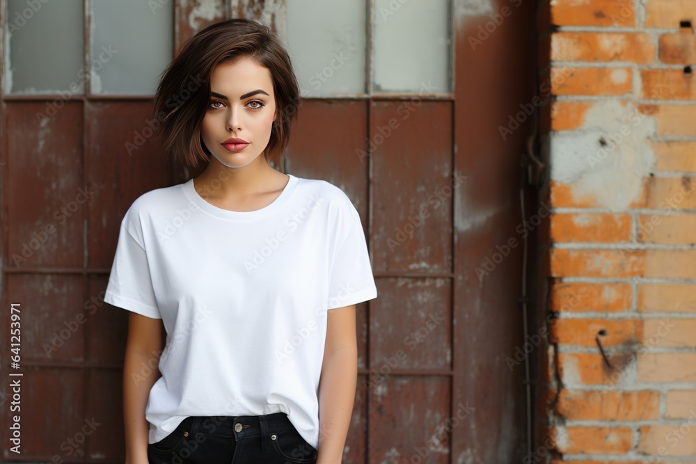 Generative AI, Realistic white T-Shirt mock up blank put on young pretty woman, copy space for presentation advertising. Blank business concept	