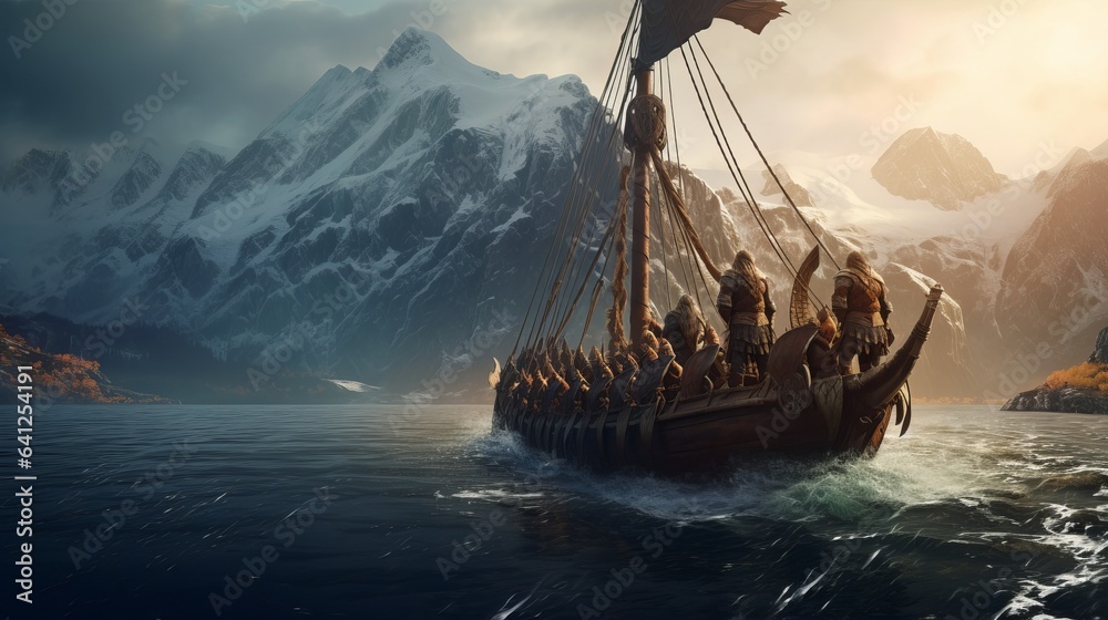 Φωτογραφία A bunch of Vikings are sailing on the ocean off the coast of Drakkar, with the mountains in the background