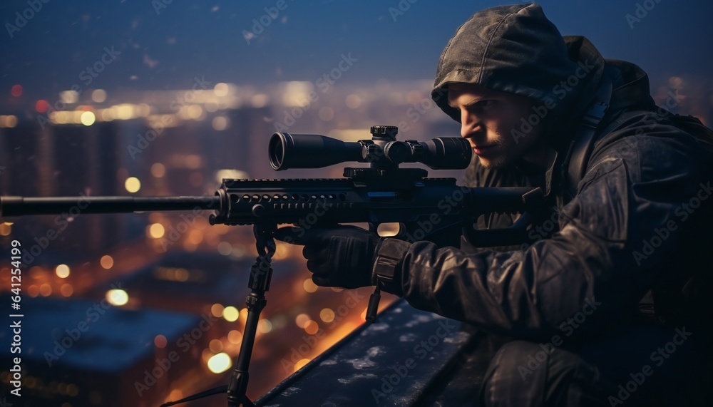 Experienced sniper on the building roof in the city, ultra sharp and realistic
