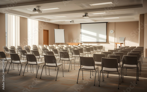 A well-organized conference room with chairs  tables  and presentation equipment