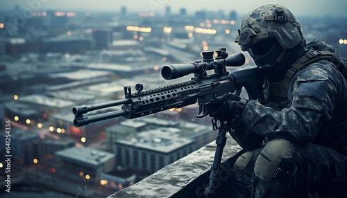 Experienced sniper on the building roof in the city, ultra sharp and realistic