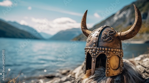 A Viking helmet with an axe on the banks of the fjord in Norway. It s part of a tourism and traveling concept.