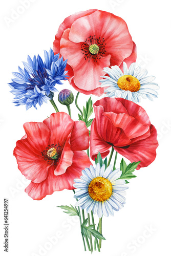 Watercolor Poppy, cornflower, chamomile flower, Bouquet with wildflowers, watercolor hand drawing floral design element 