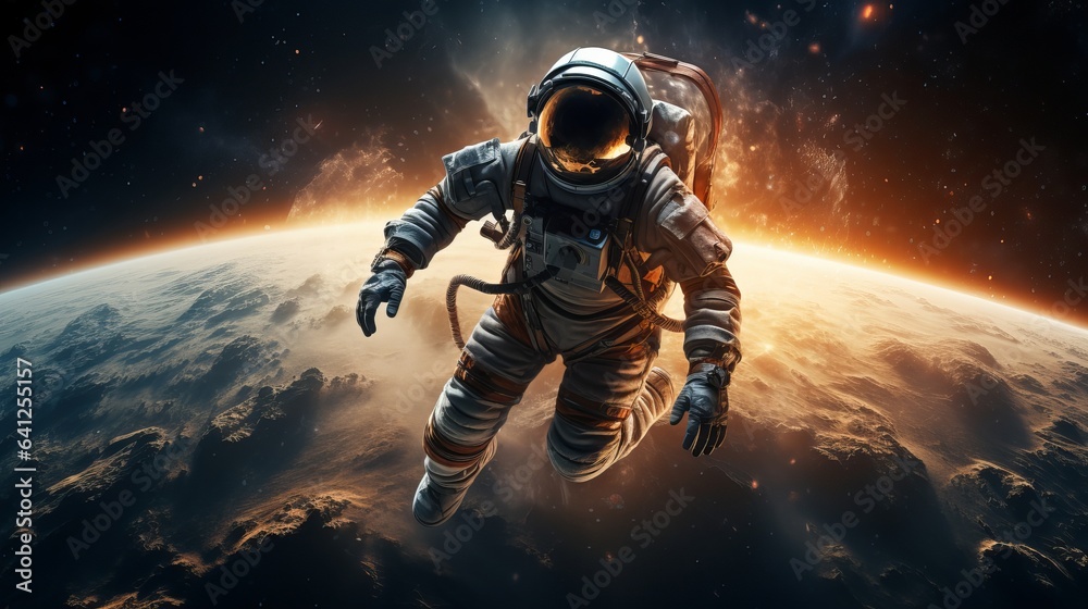 Reflections of stars, a galaxy, a purple and blue nebula, and galaxies in an astronaut's helmet while he is in space. Reflections of stars, a galaxy, a purple and blue nebula, and galaxies in an astronaut's helmet while he is in space.