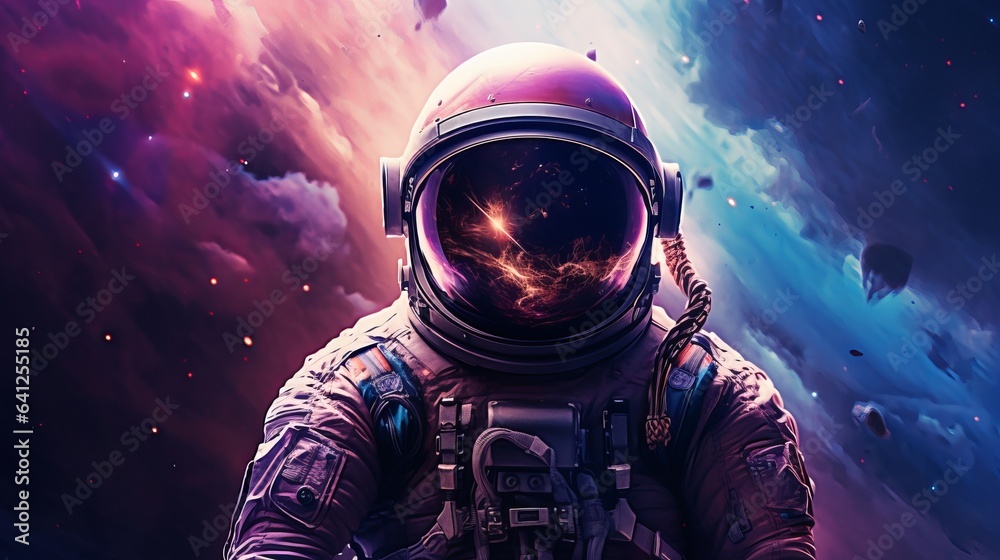 Reflections of stars, a galaxy, a purple and blue nebula, and galaxies in an astronaut's helmet while he is in space.