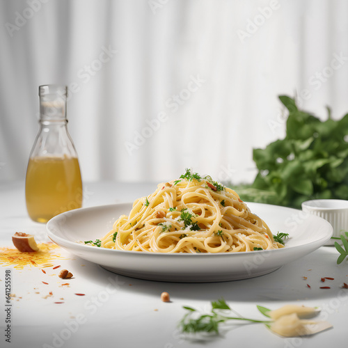 Spaghetti pasta on white plate. Italian food.