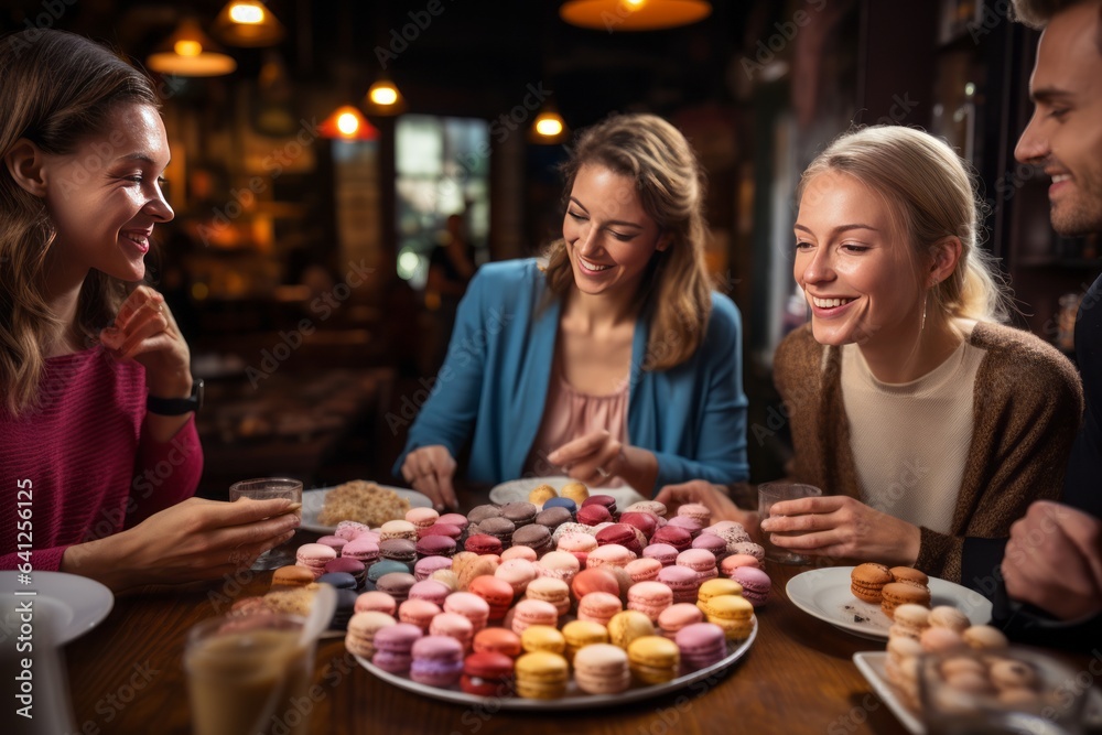 Group Of Friends Gathered Around A Table Full Of Macaron, Generative AI 