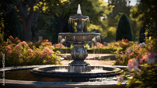 A fountain gracefully adorning the garden landscape