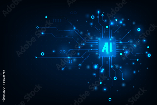 Vector futuristic microchip CPU circuit board blue light with concept artificial intelligence. Technology abstract background.