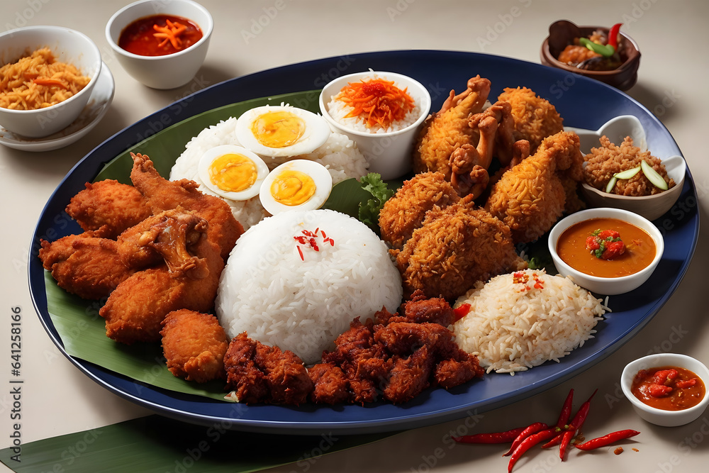 a traditional indonesia curry paste rice dish served with various side