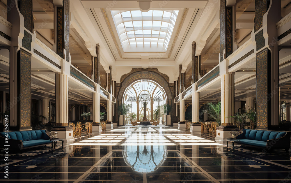 The grand entrance of the hotel lobby with its impressive architecture and design