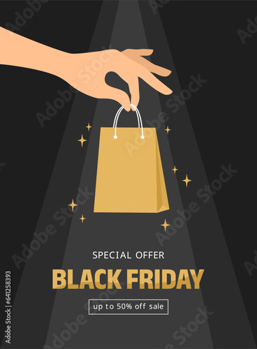 A hand holding a golden sparkling package in its fingers under rays of light with the text below on a black background. Black friday sale banner. Vector illustration in flat style
