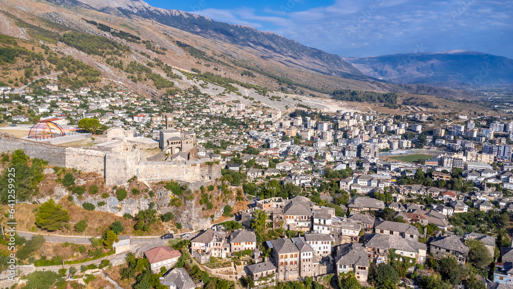 Aerial view of the old castle and fortress in the city of Gjirokaster or Gjirokastra, Albania.