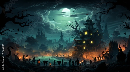 Spooky Cartoon Mansion on Halloween Night  Kids as Zombies and Mummies.
