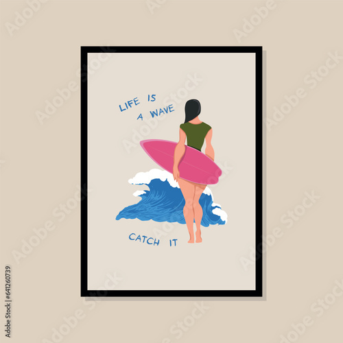 Woman with surfing board vector art print poster for your wall art gallery	