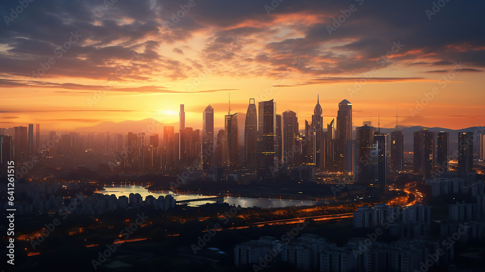 Fototapeta premium The city skyline as the sun sets behind it, casting a warm golden glow on the buildings