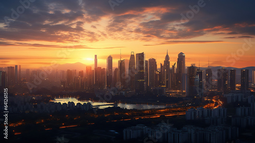 The city skyline as the sun sets behind it, casting a warm golden glow on the buildings