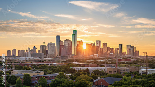 The city skyline as the sun sets behind it, casting a warm golden glow on the buildings