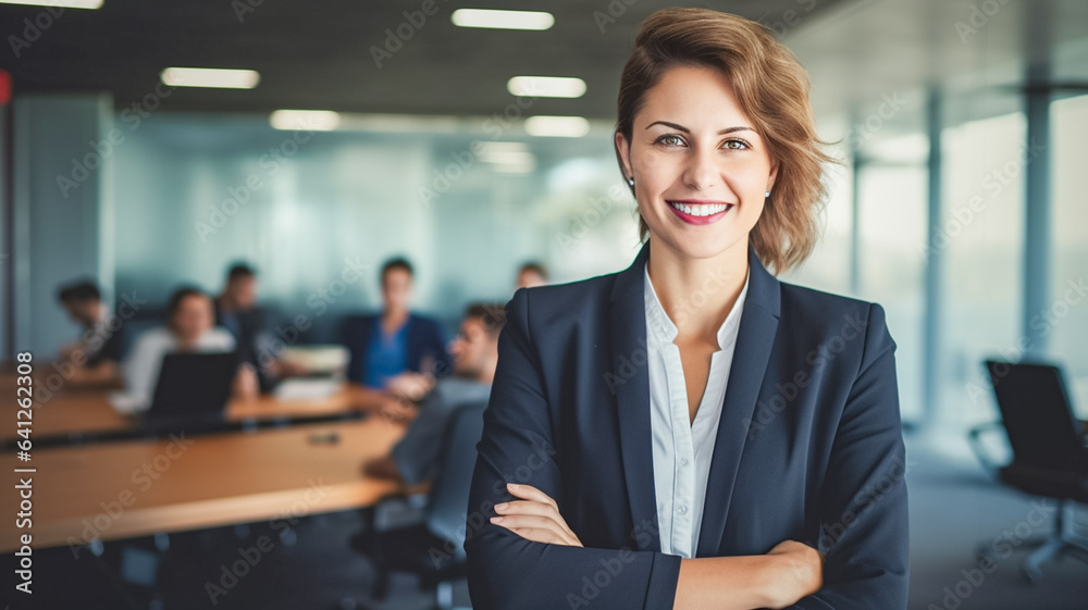 Portrait of a beautiful young business woman smiling at the camera in open plan office. 
