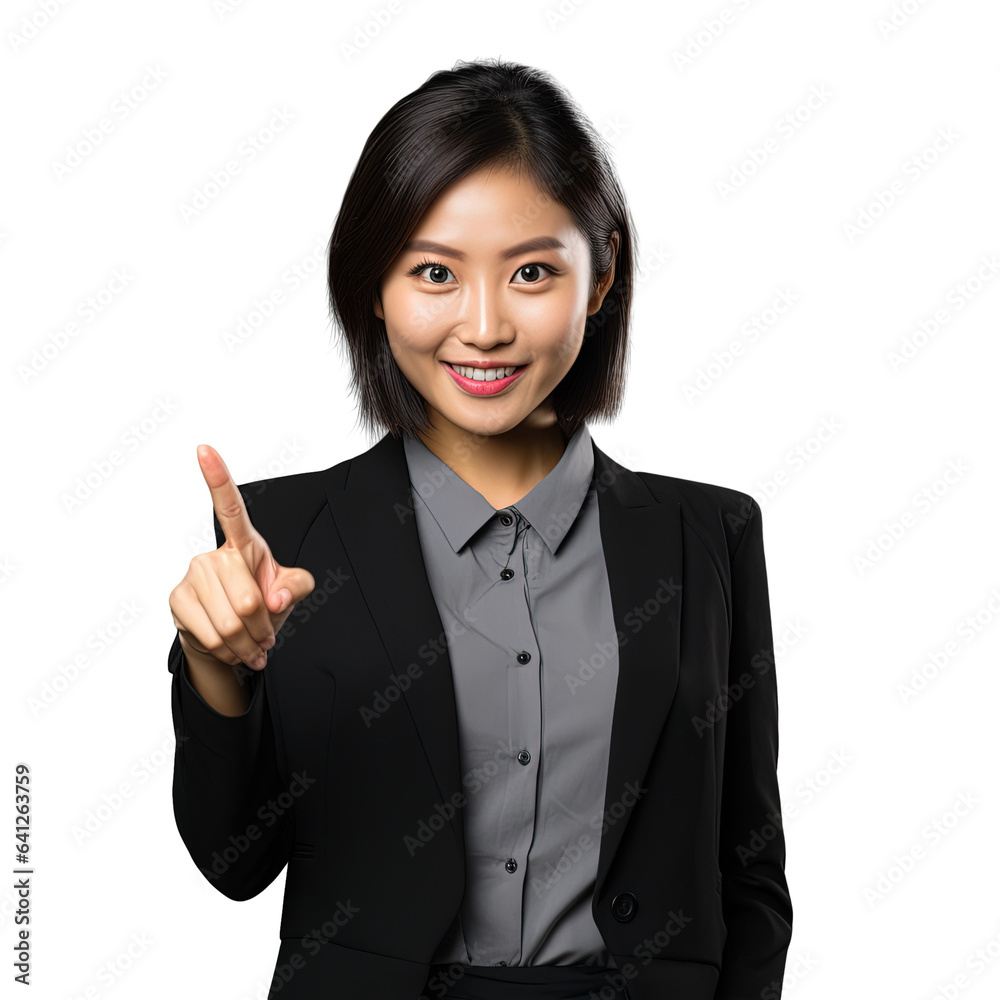 Attractive Asian businesswoman gesturing towards blank area on transparent background Attractive Asian businesswoman gesturing towards blank area on transparent background