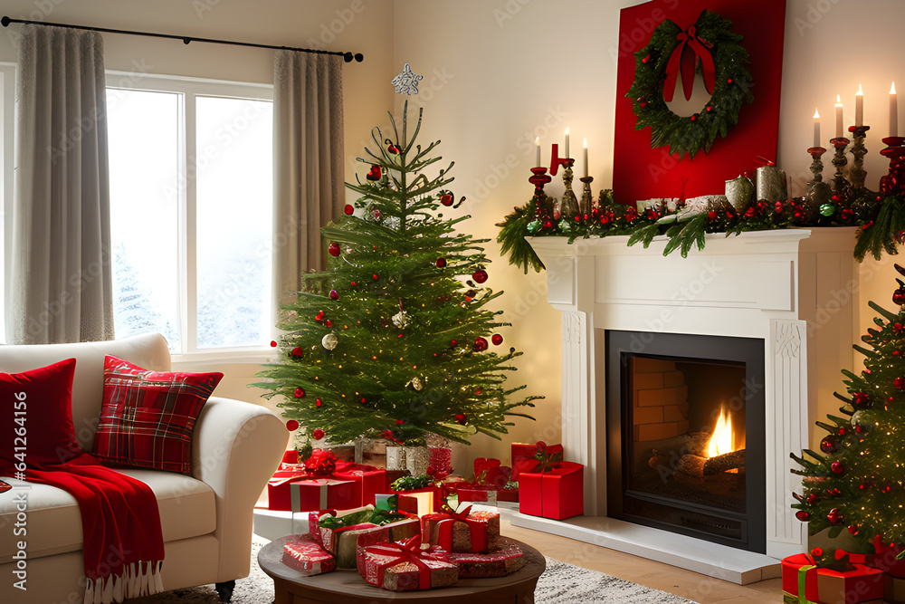 Festive interior with decorated Christmas tree and fireplace