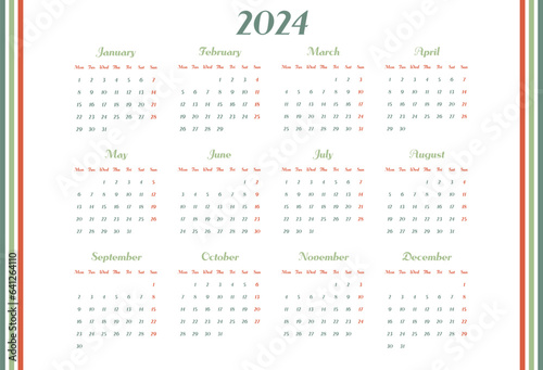 Calendar 2024 year. Week starts on Monday. Design for planner, printing, stationery, organizer.