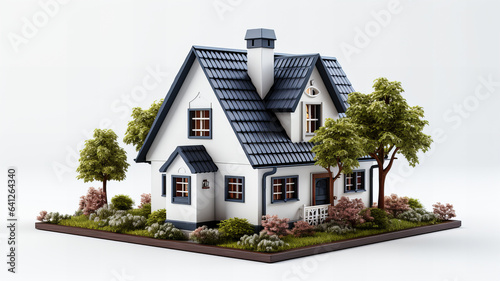 Isolated 3D model of a white modern cottage on a white background. Generative AI technology. © Grycaj