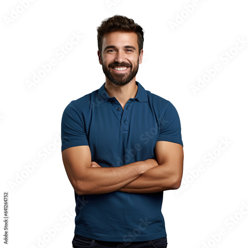 Smiling bearded man in blue polo shirt poses with crossed arms against transparent background photo