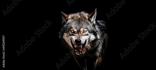 Scary dark gray wolf (Canis lupus), direct eye contact in the dark looking at the camera on a black background