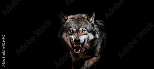 Scary dark gray wolf  Canis lupus   direct eye contact in the dark looking at the camera on a black background