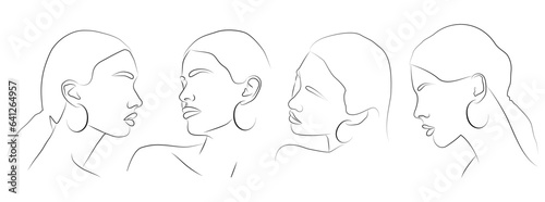 A set of portraits. Cute minimalistic drawings of a woman with jewelry.