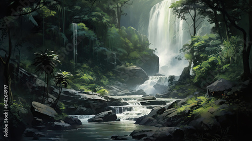 Dark tropical forest scene, waterfalls and rocks, digital painting of jungle, lots of trees, plants, whimsical landscape, detailed illustration
