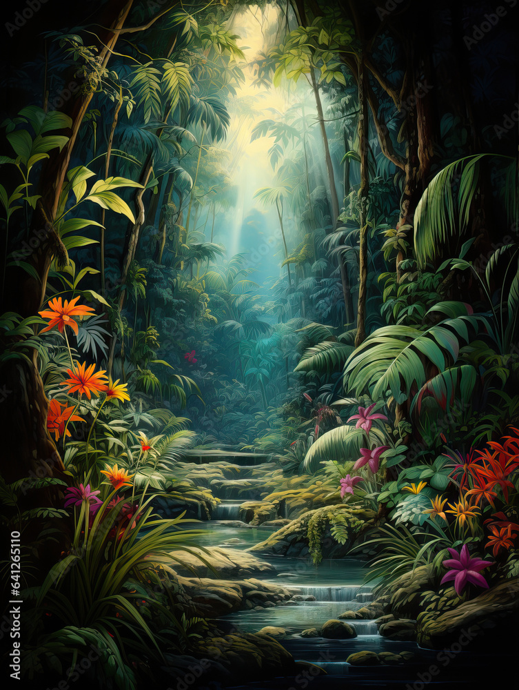 Whimsical tropical forest, dark scene with lots of tropic plants, flowers, deep jungle, digital painting, fantasy scene, vertical background