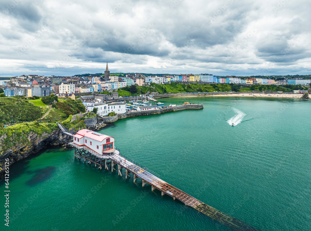 RNLI Tenby Lifeboat Station from a drone, Tenby, Pembrokeshire, Wales, England, Europe