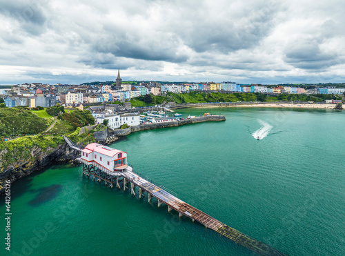 RNLI Tenby Lifeboat Station from a drone, Tenby, Pembrokeshire, Wales, England, Europe