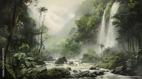 waterfall in the tropical forest, jungle landscape with trees, waterfall, river and mountains, whimsical digital painting